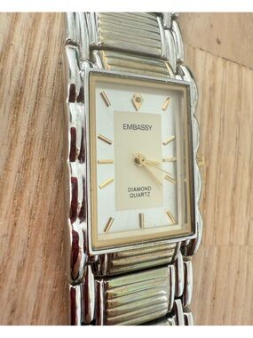 Embassy diamond quartz rectangular two tone watch NEW BATTERY